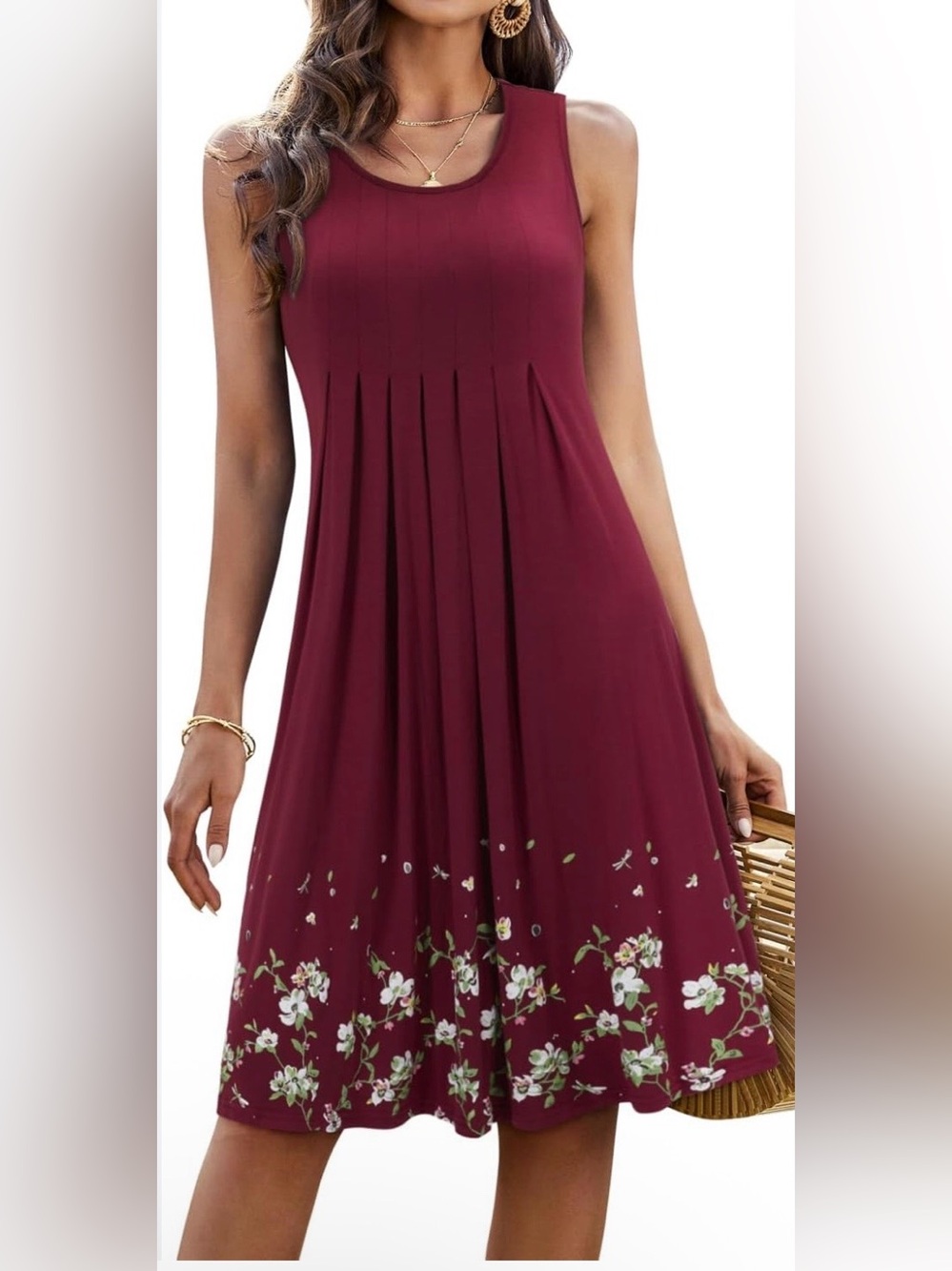 NWT KILIG Casual Pleaded Tan-Top Style Summer Dresses Wine Color Floral Print